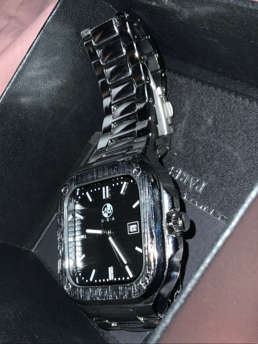 AJ USA Silver-Tone Square Men's Watch - Black Dial